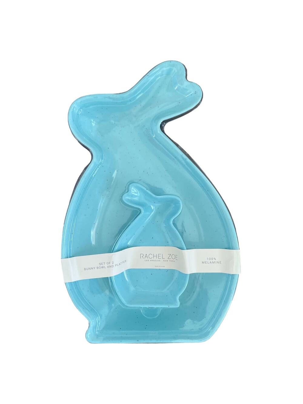 RACHEL ZOE Blue Speckled MELAMINE Easter Rabbit Serving Tray & Bowl Set NEW